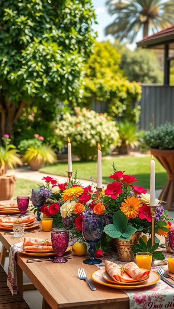 Aussie Christmas Table Settings Aussie Christmas table setting with flowers, fruits, and colorful decorations in a sunny outdoor setting.